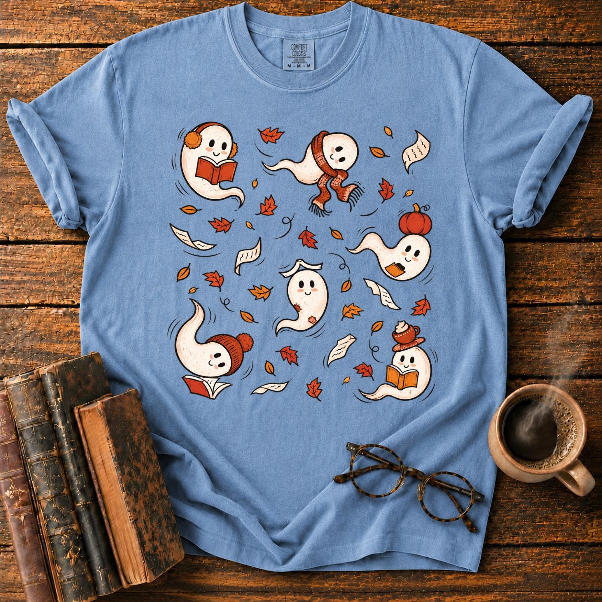 Fall Reading Ghosts Autumn Leaves T-Shirt