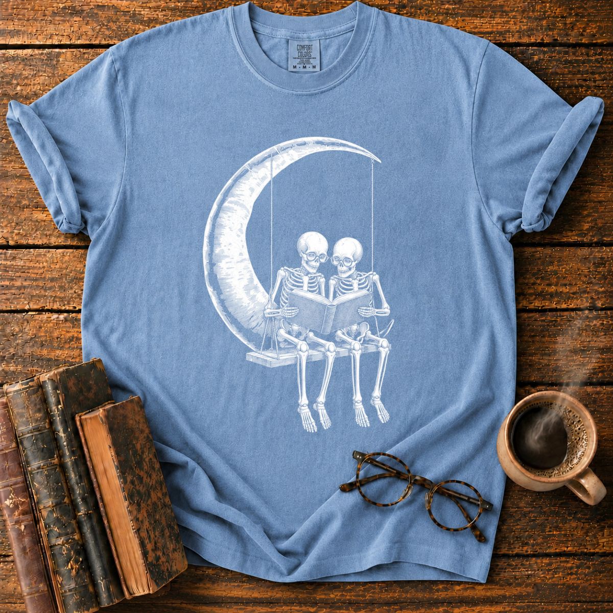Skeletons Reading Beneath a Crescent Moon T-Shirt