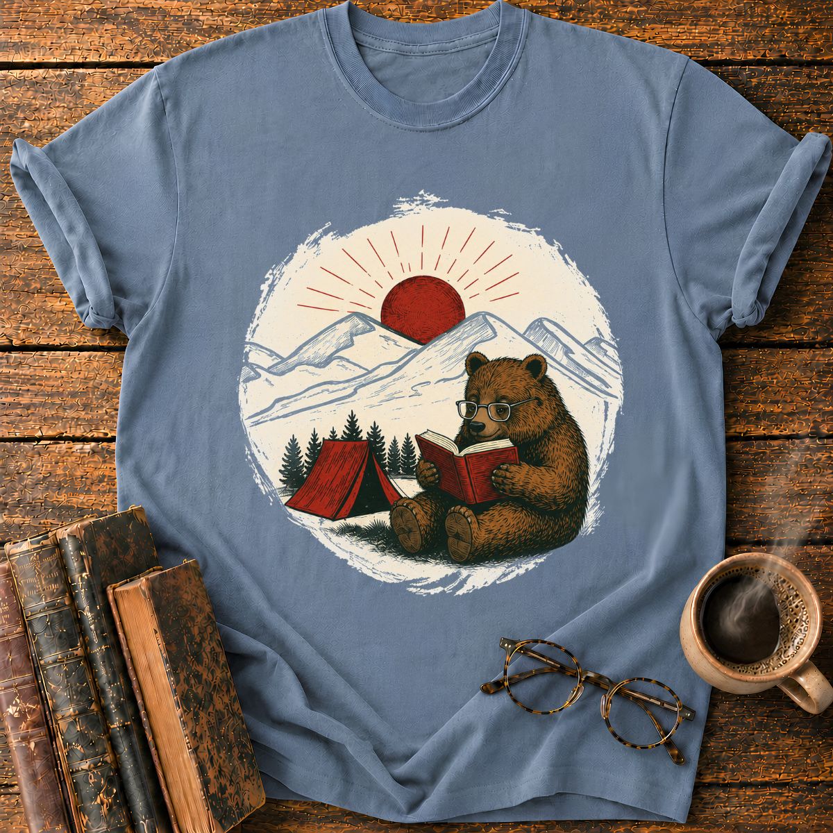 Vintage Camping Bear Reading Badge T-Shirt