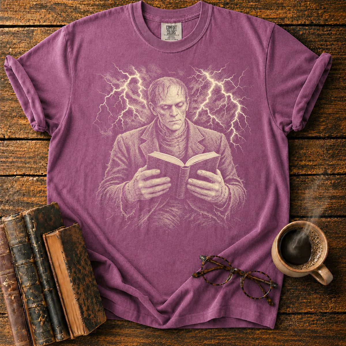 Frankenstein Monster Reading Lightning T-Shirt