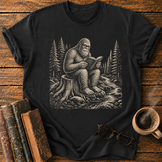 Bigfoot Reading in the Pine Forest T-Shirt
