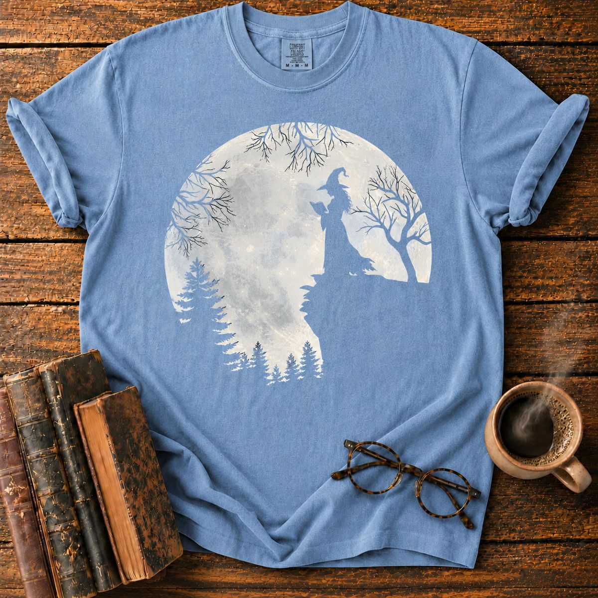 Moonlit Witch Reading on a Rocky Cliff T-Shirt