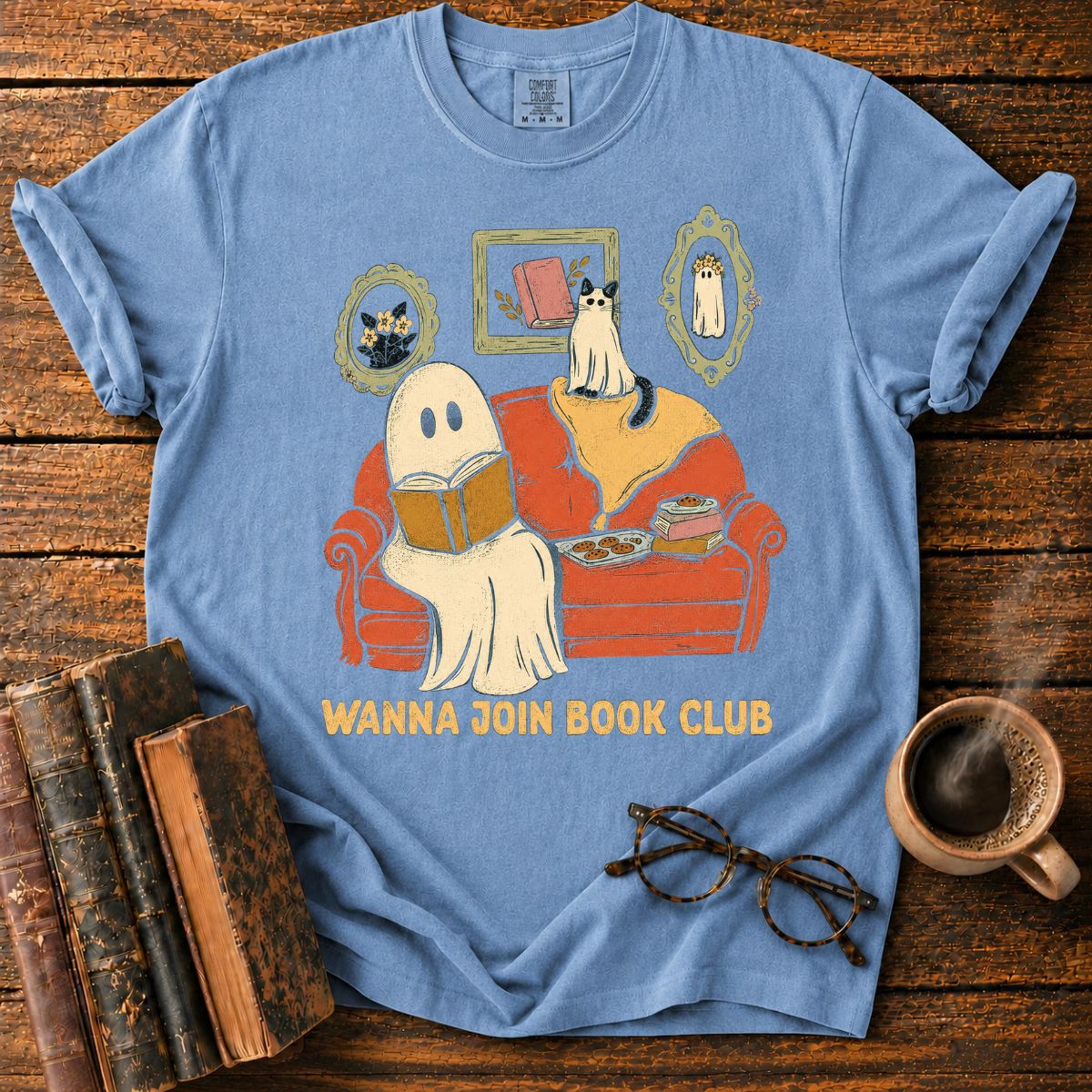 Cozy Ghost and Cat Book Club T-Shirt