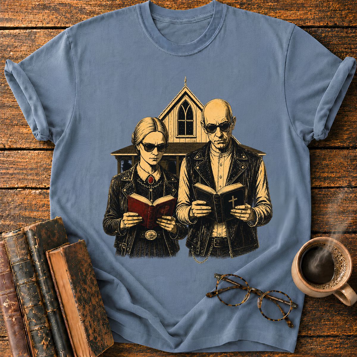 Gothic Couple Reading at the Chapel T-Shirt