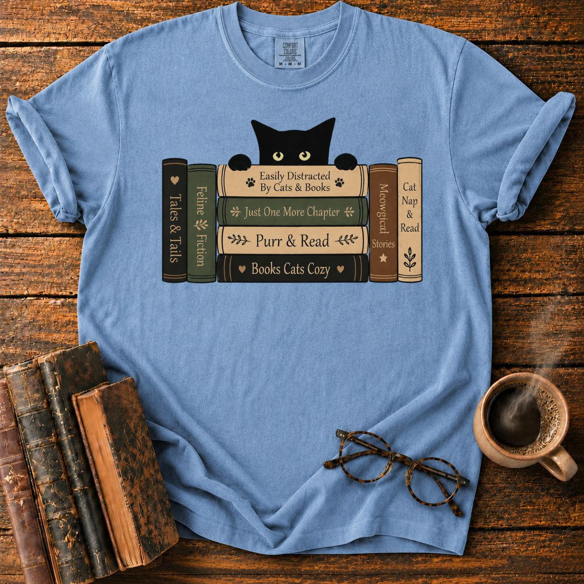 Curious Cat Peeking Over Books T-Shirt