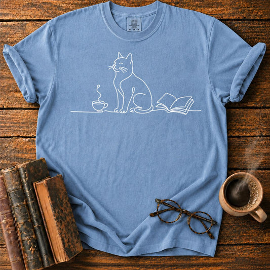 Minimalist Cat, Cup, and Book T-Shirt