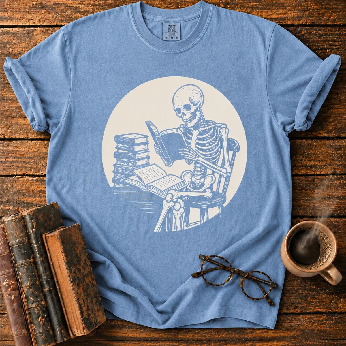 Skeleton Reading Under Moonlight T-Shirt