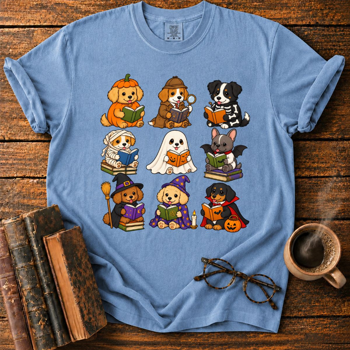 Kawaii Halloween Dogs Reading T-Shirt