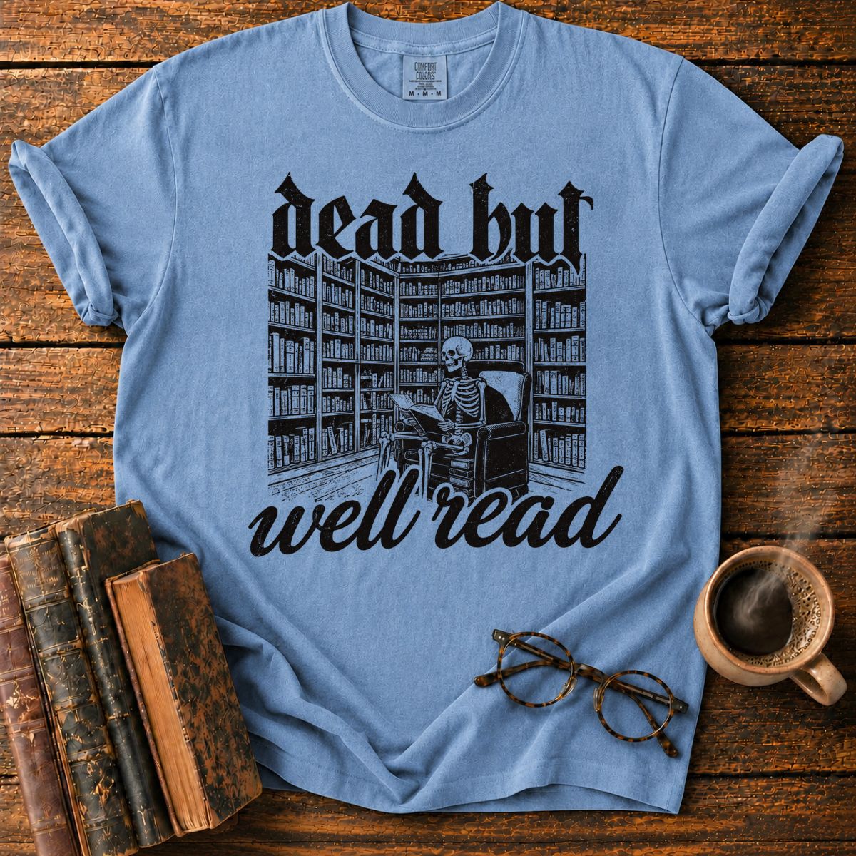 Dead But Well Read Skeleton Library T-Shirt