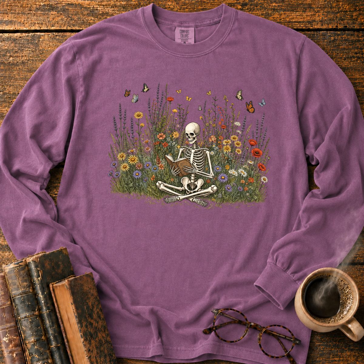 Skeleton Reading Wildflowers LS T-Shirt