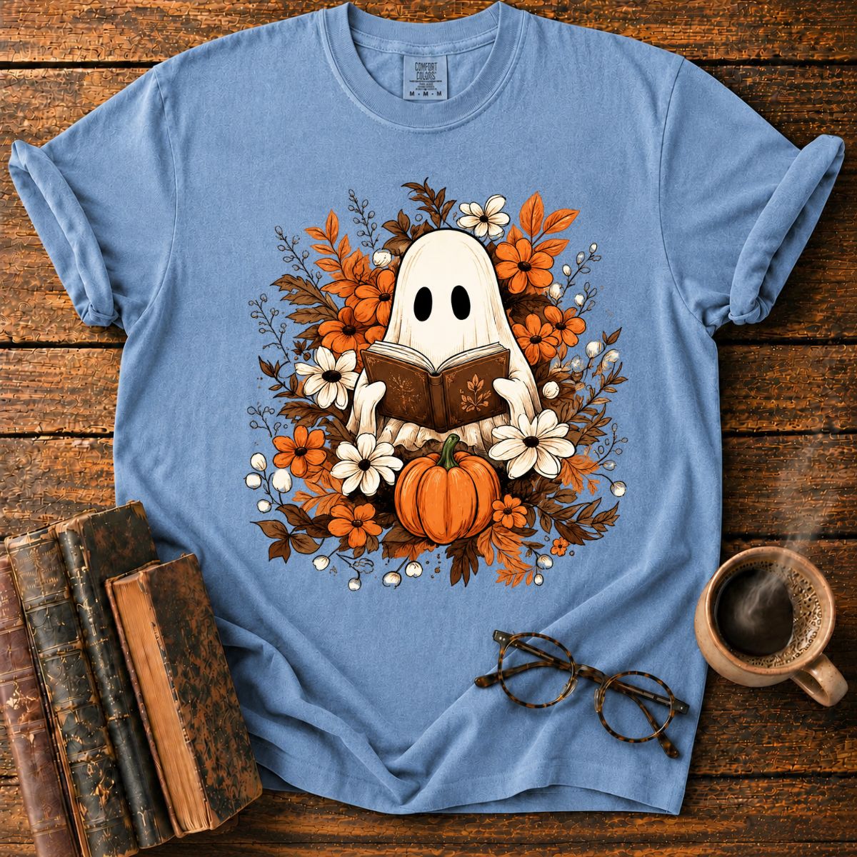 Autumn Ghost Reading in a Floral T-Shirt