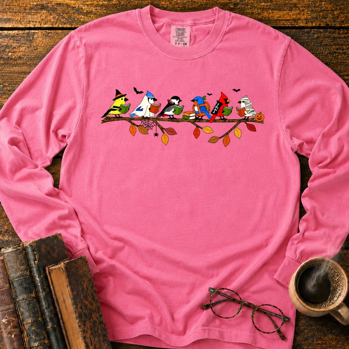 Halloween Birds Reading LS T-Shirt
