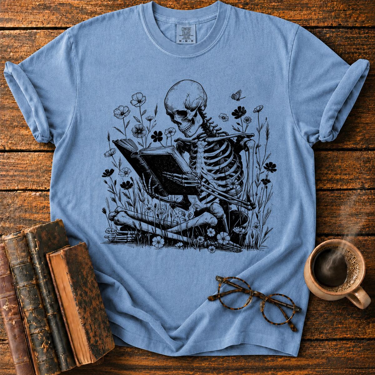 Skeletal Reader in a Wildflower Meadow T-Shirt