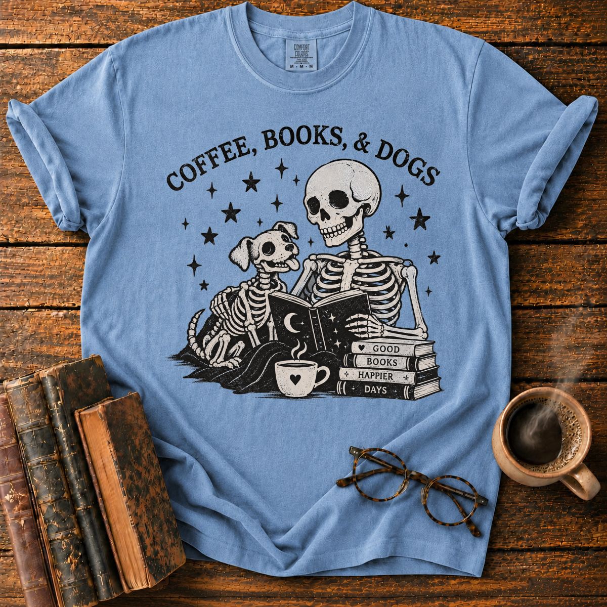 Coffee Books and Dogs Skeleton T-Shirt