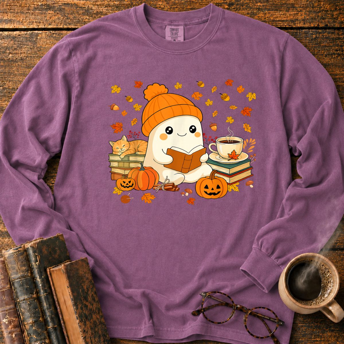 Cute Ghost Reading Book Halloween Long Sleeve T-Shirt