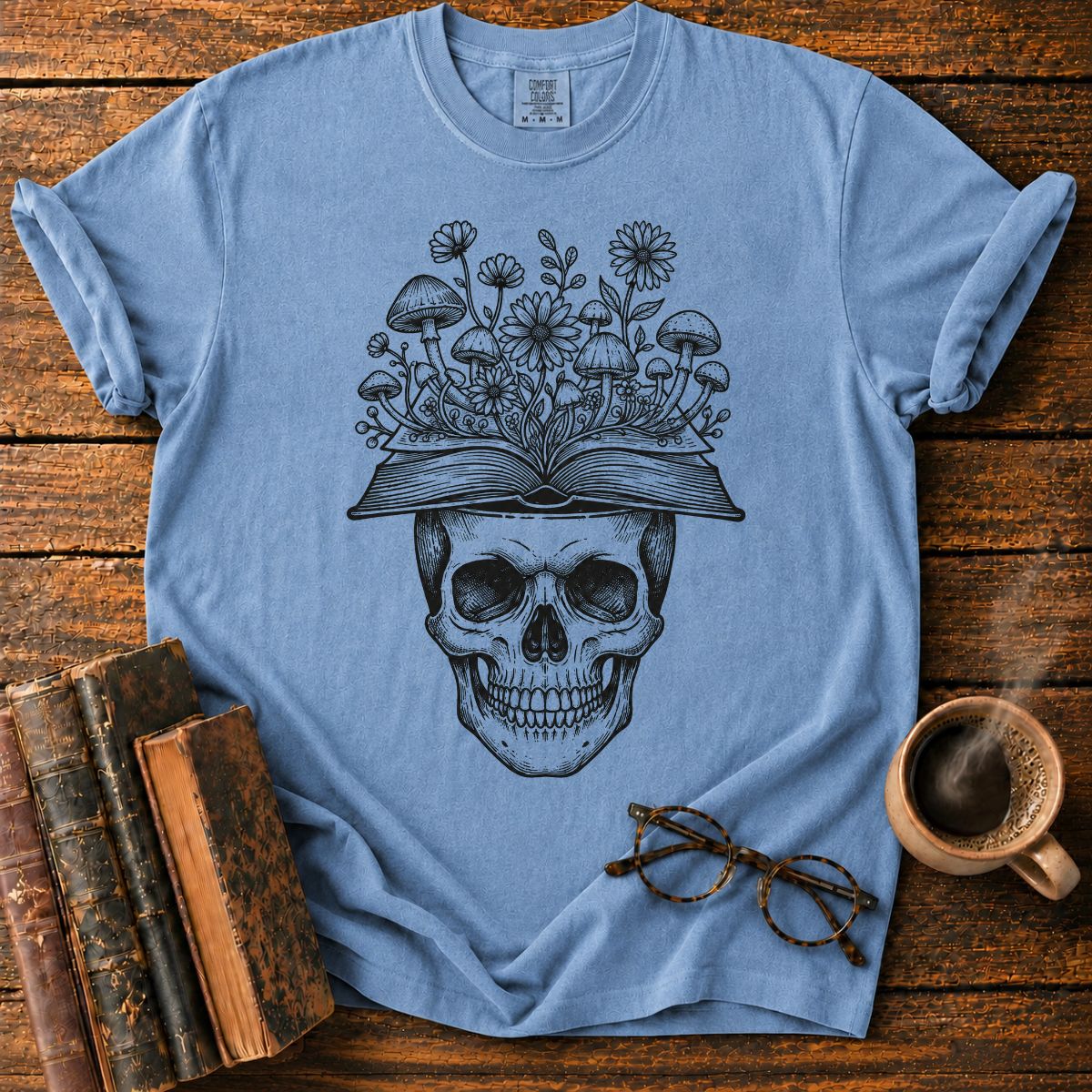 Skull Book Mushroom Wildflowers T-Shirt