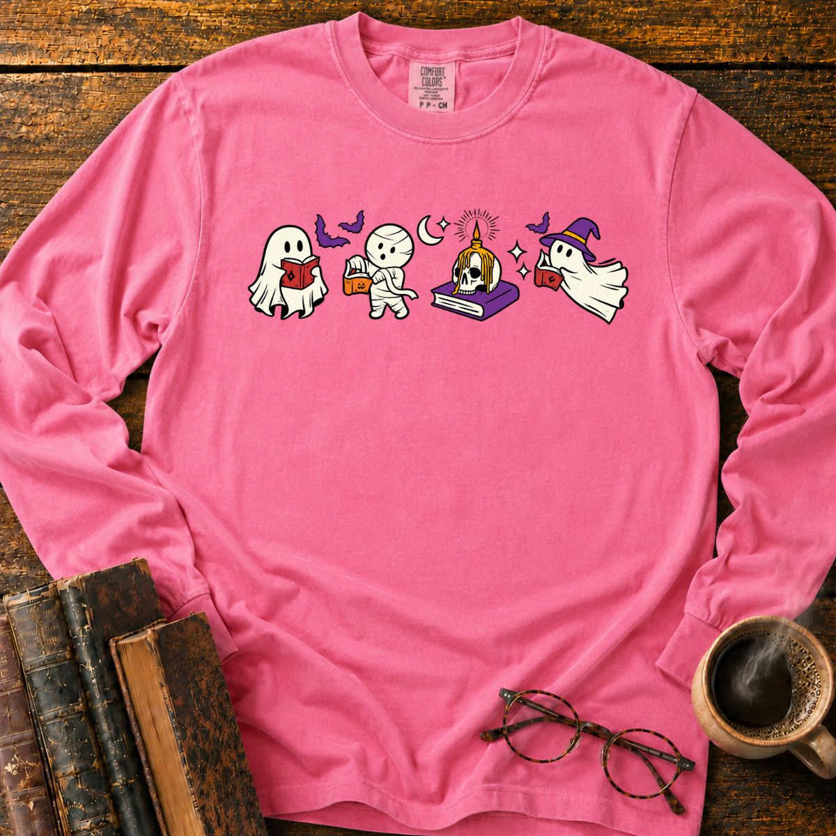 Spooky Ghost Mummy Book Lover LS T-Shirt