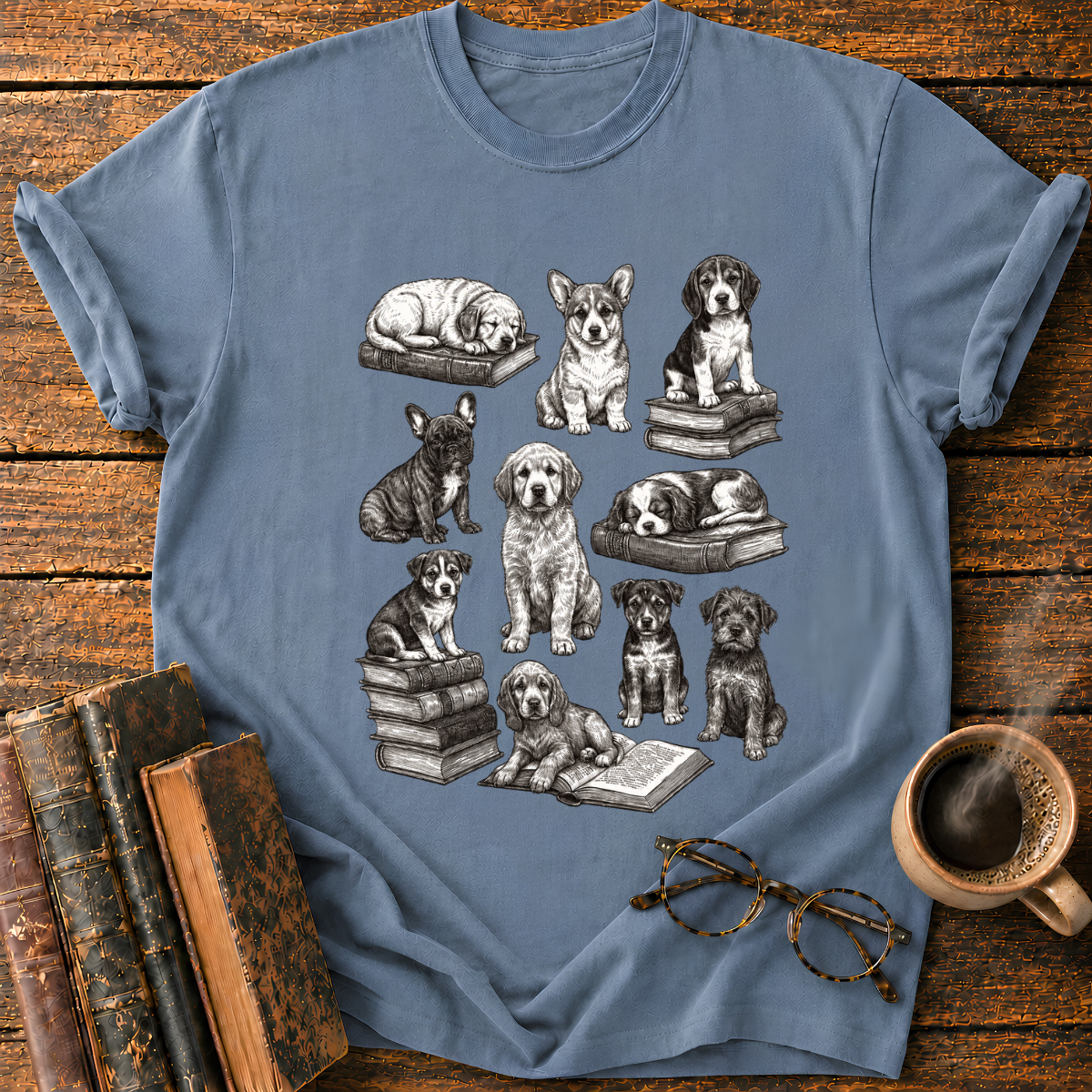Vintage Puppy Bookworm Collage T-Shirt