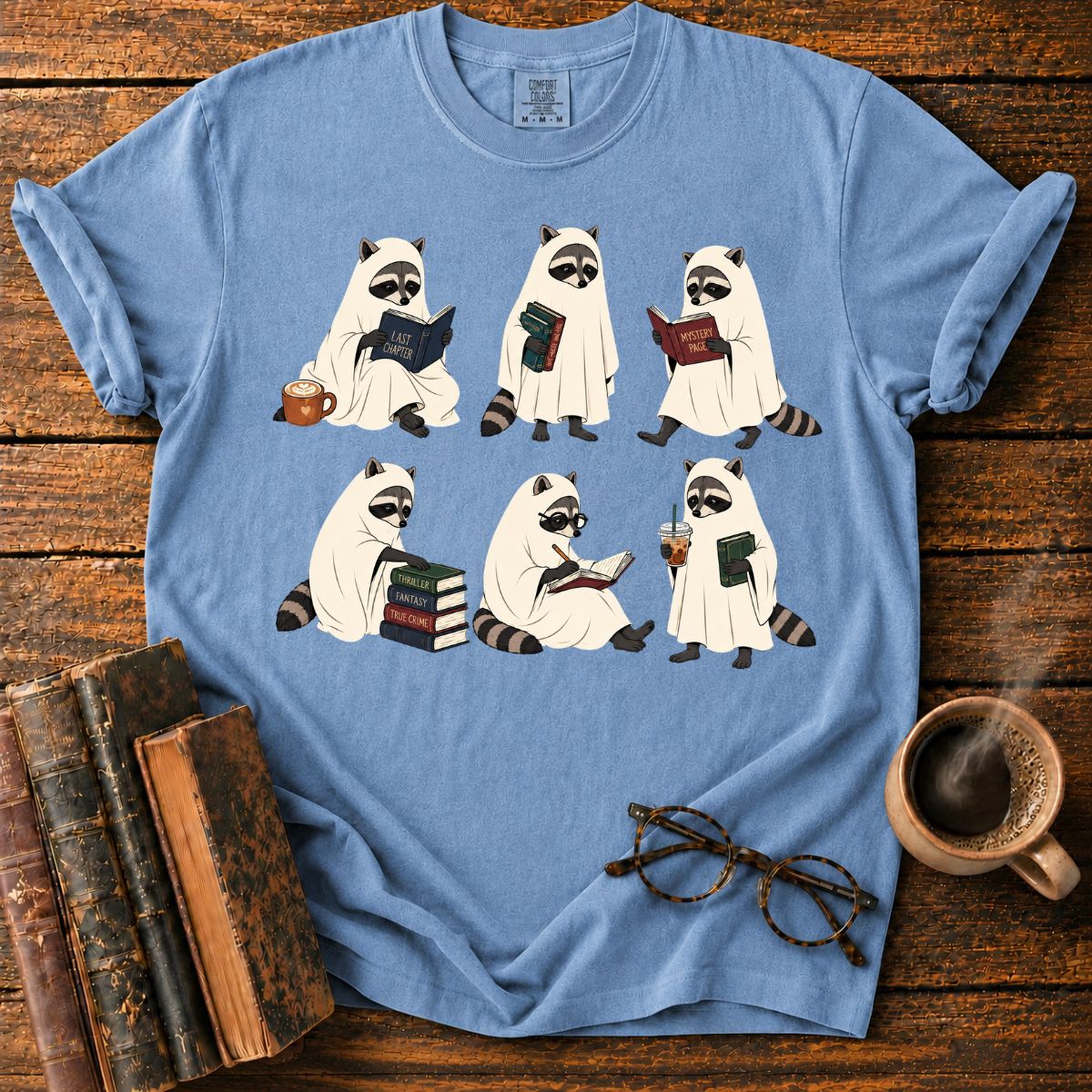 Ghostly Raccoons’ Cozy Book Club T-Shirt