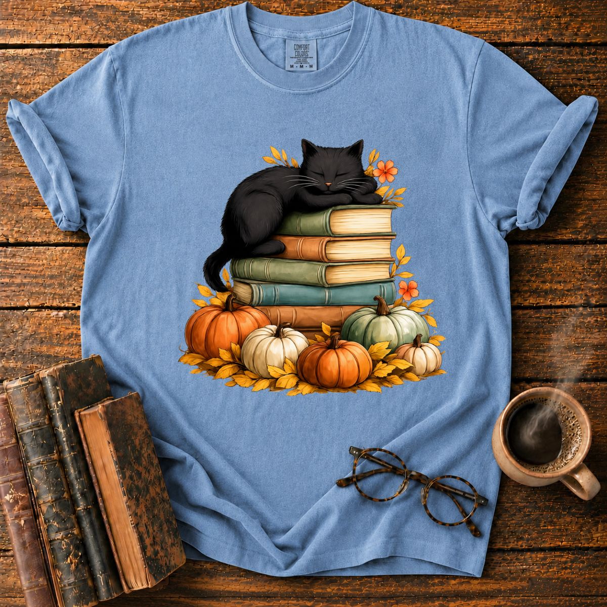 Black Cat Sleep On Books T-Shirt