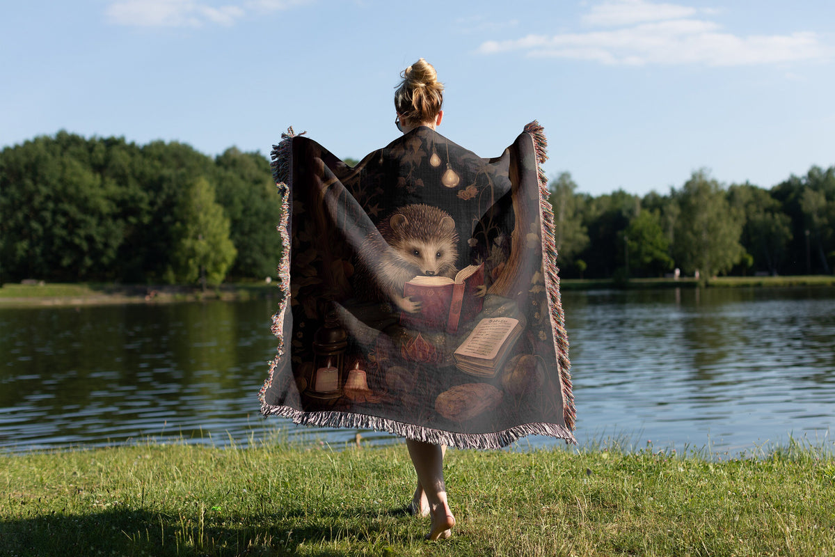 Hedgehog Reading Woven Throw Blanket