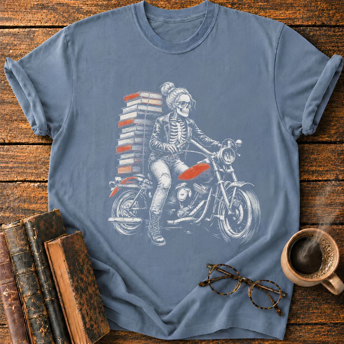 Skeletal Biker’s Tower of Books T-Shirt