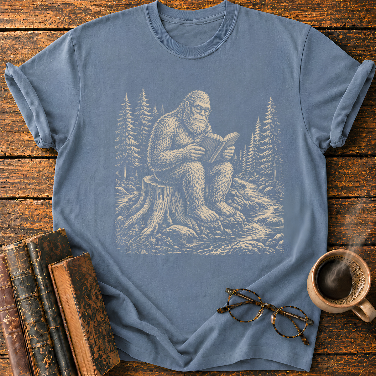 Bigfoot Reading in the Pine Forest T-Shirt