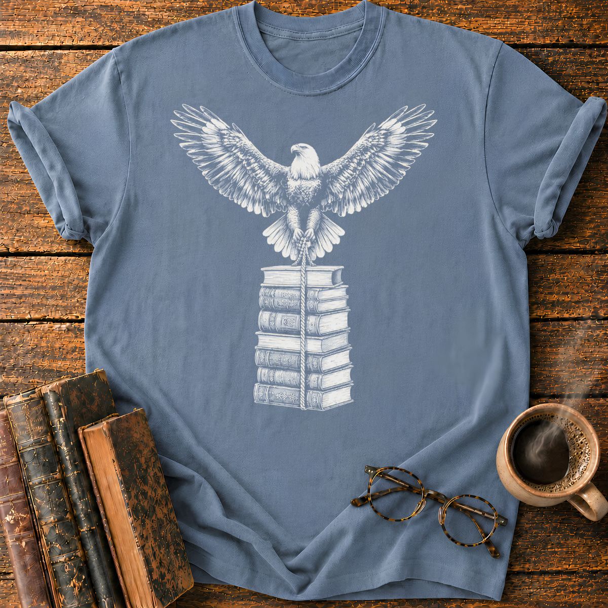 Engraved Eagle Over Bound Books T-Shirt
