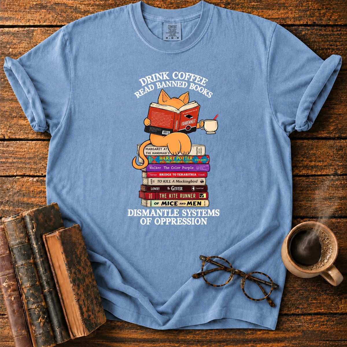 Cat Drink Coffee Read Banned Books T-Shirt