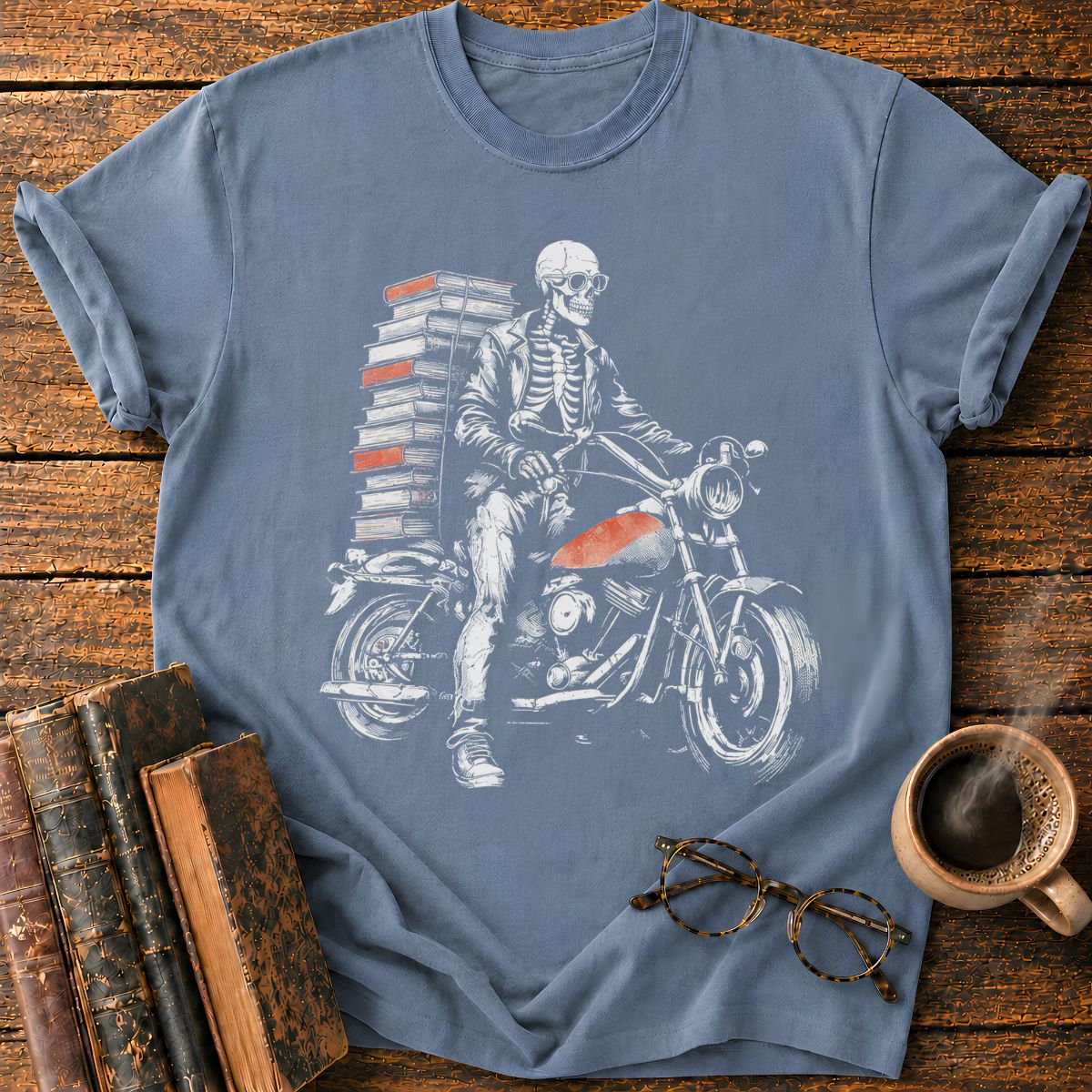 Skeletal Biker’s Tower of Books T-Shirt