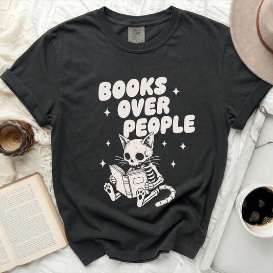 Spooky Cute Bookworm Skeleton Cat Tee