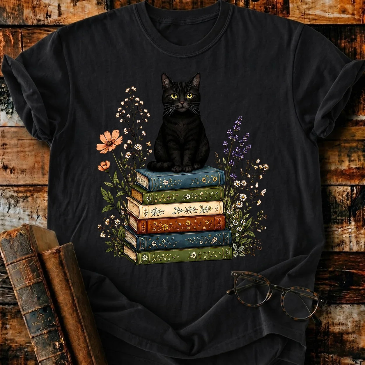 Black Cat On Books T-Shirt