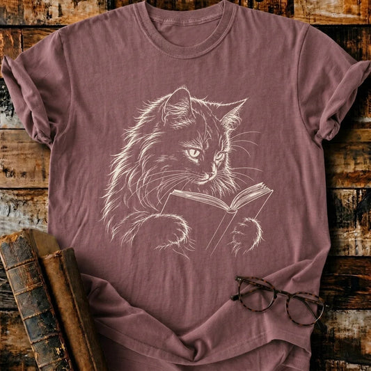 Longhair Cat Reading T-Shirt