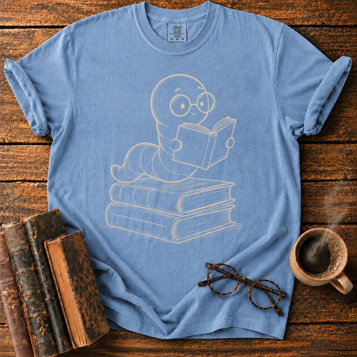 Bookish Worm on Stacked Books T-Shirt
