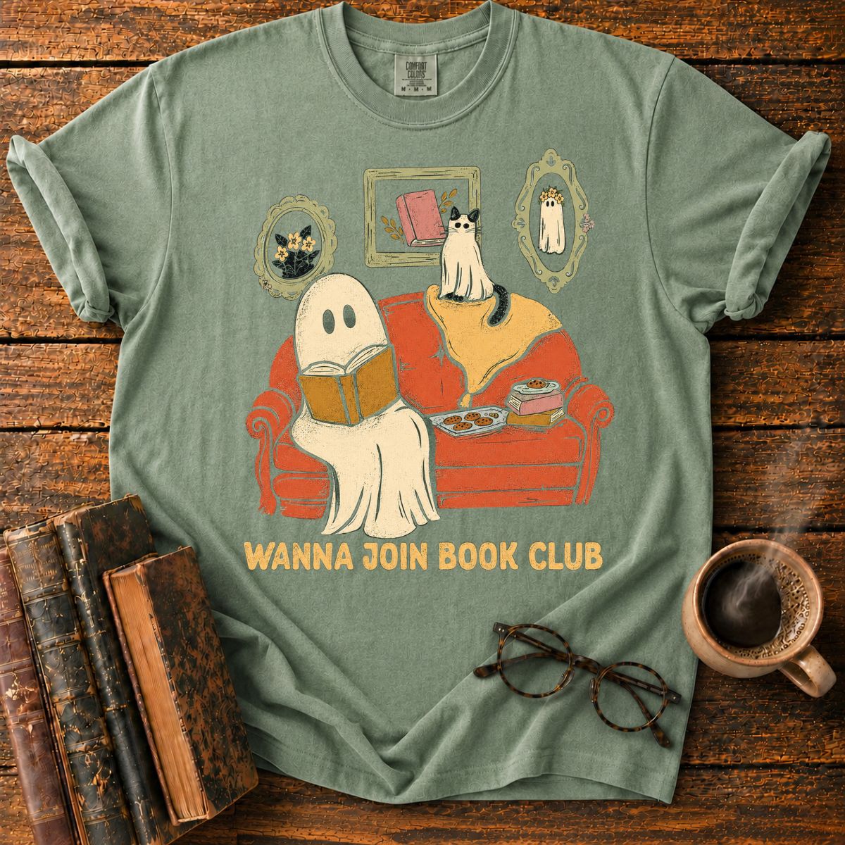 Cozy Ghost and Cat Book Club T-Shirt