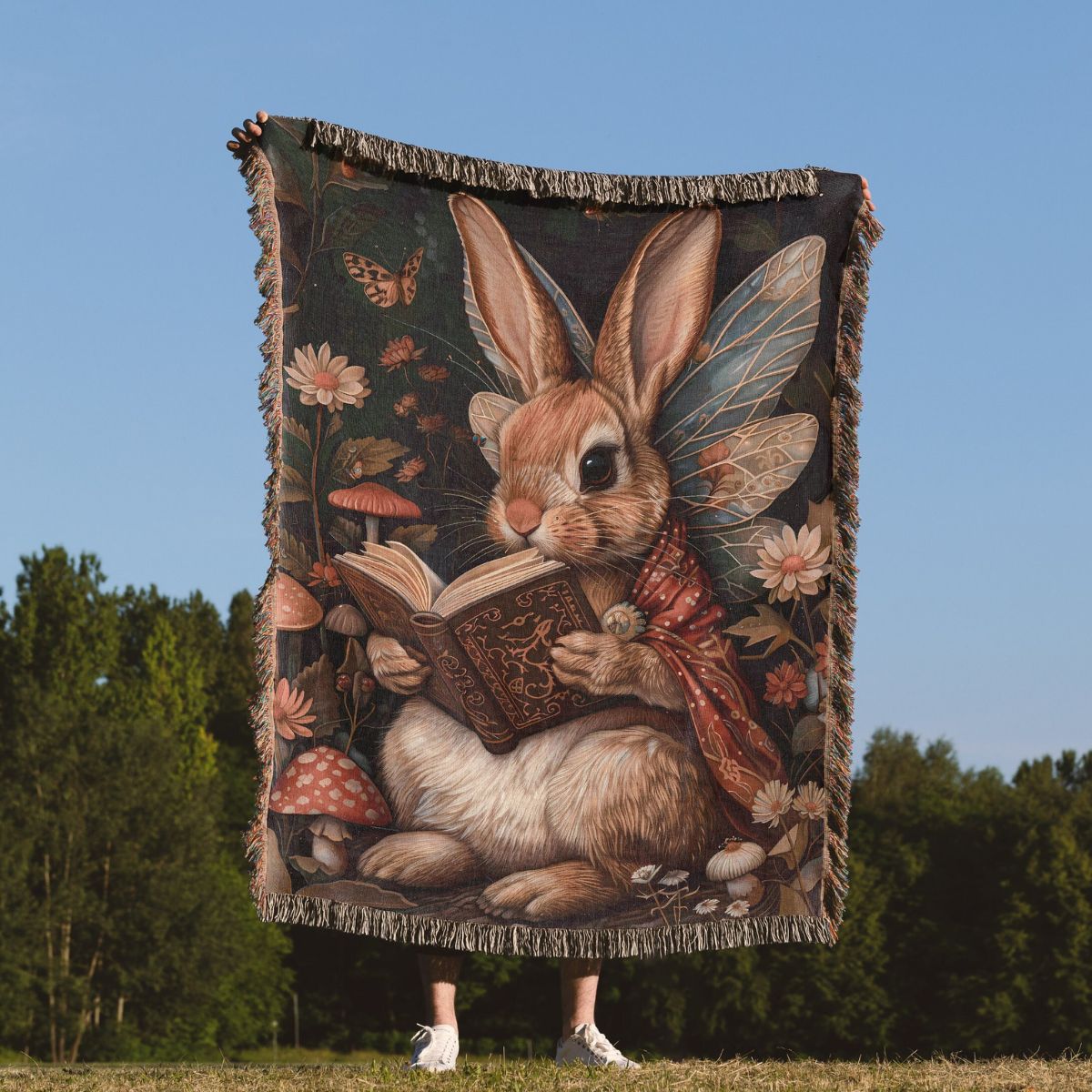 Fairy Rabbit Reading Woven Blanket