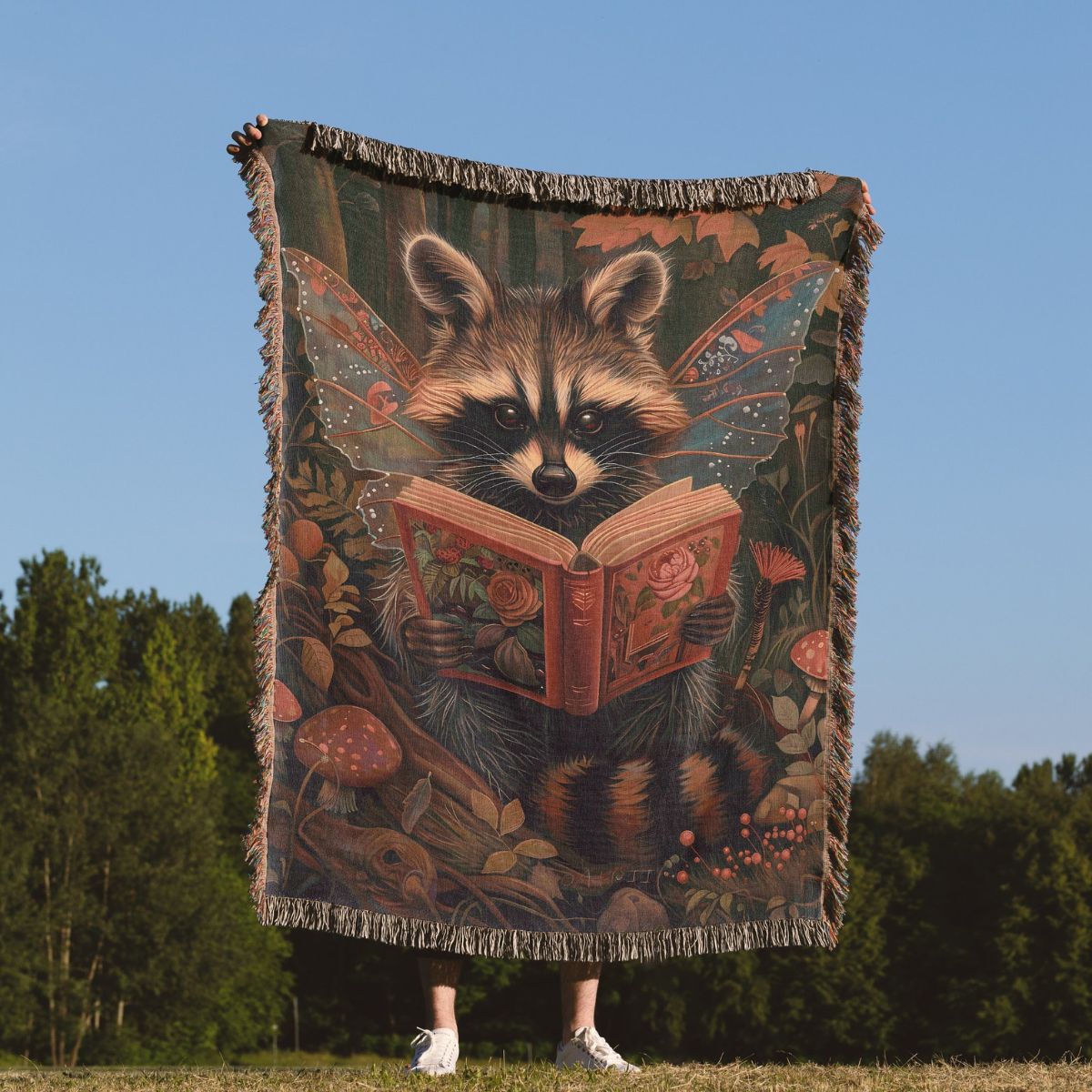 Fairy Raccoon Reading Woven Blanket