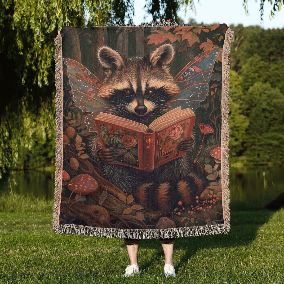 Fairy Raccoon Reading Woven Blanket
