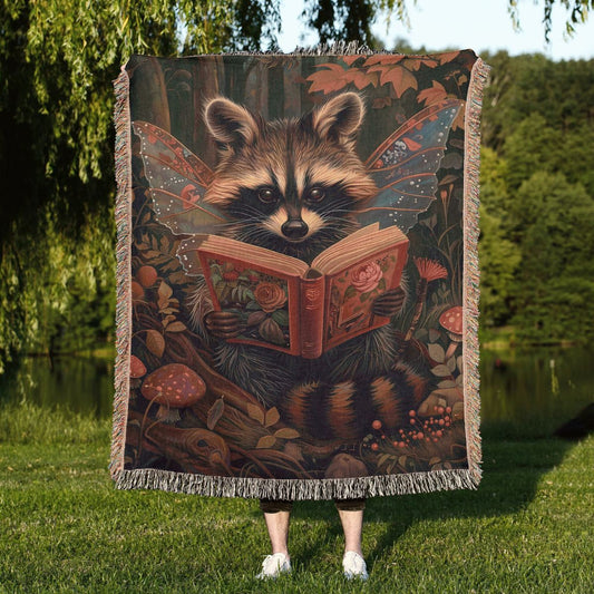 Fairy Raccoon Reading Woven Blanket