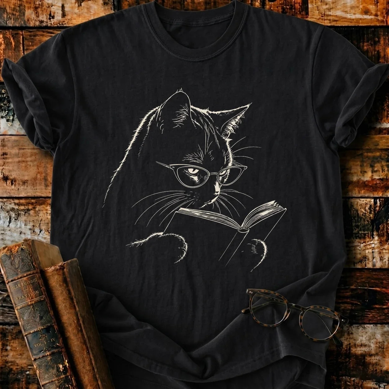 Vintage Reading Cat T-Shirt