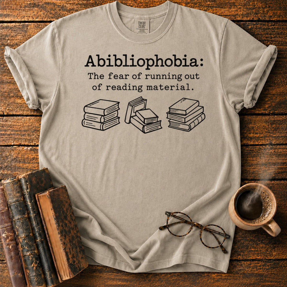 Abibliophobia A Love Of Books T-Shirt in Khaki – BooksThreads