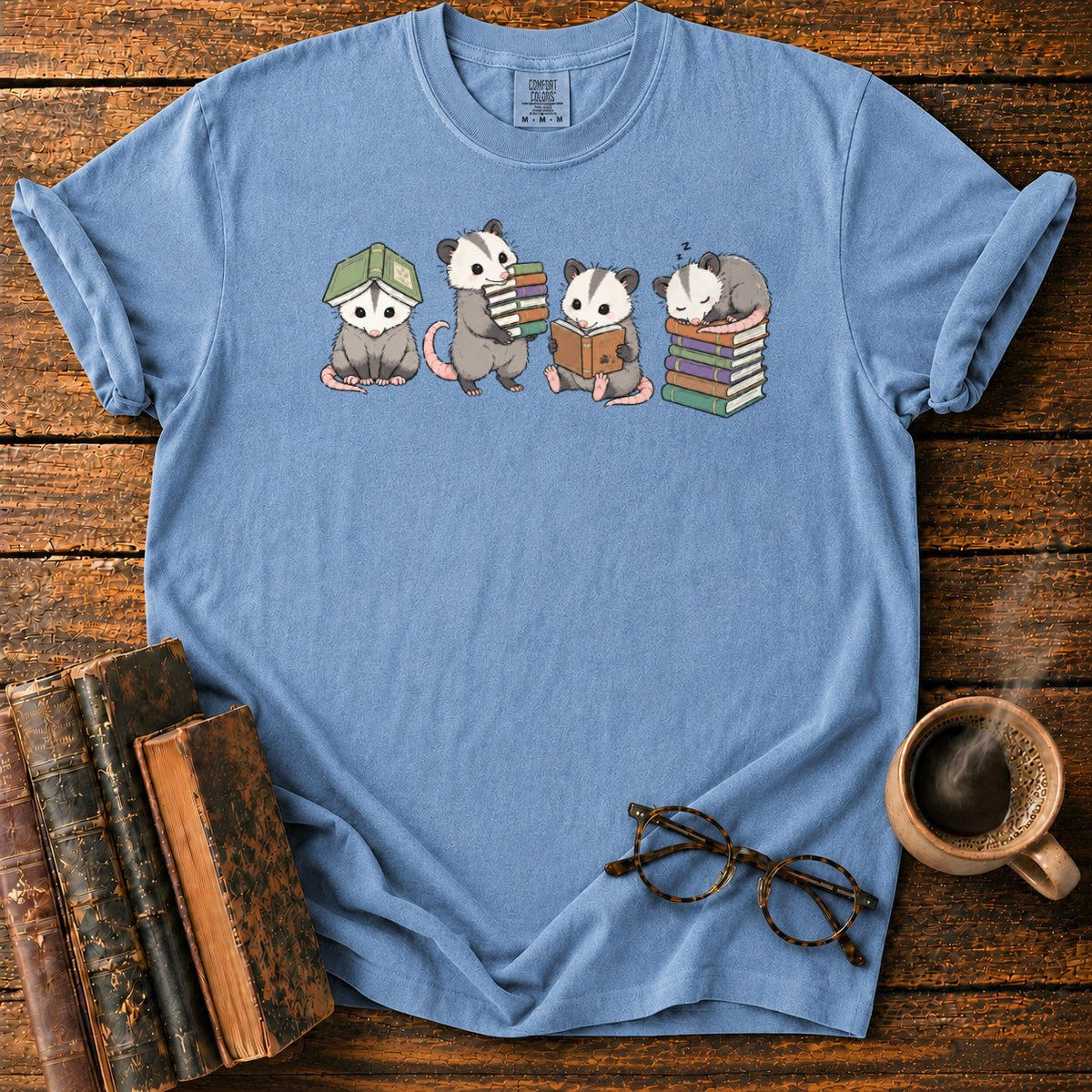 Adorable Opossums And Books T-Shirt in Blue Jean – BooksThreads