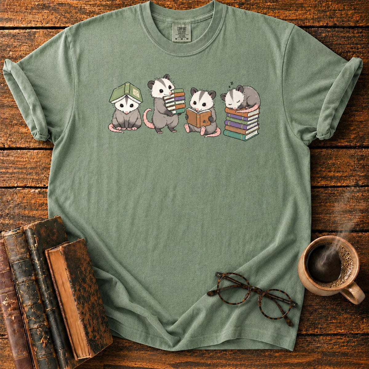 Adorable Opossums And Books T-Shirt in Moss – BooksThreads