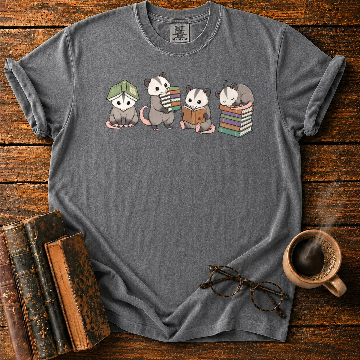 Adorable Opossums And Books T-Shirt in Pepper – BooksThreads