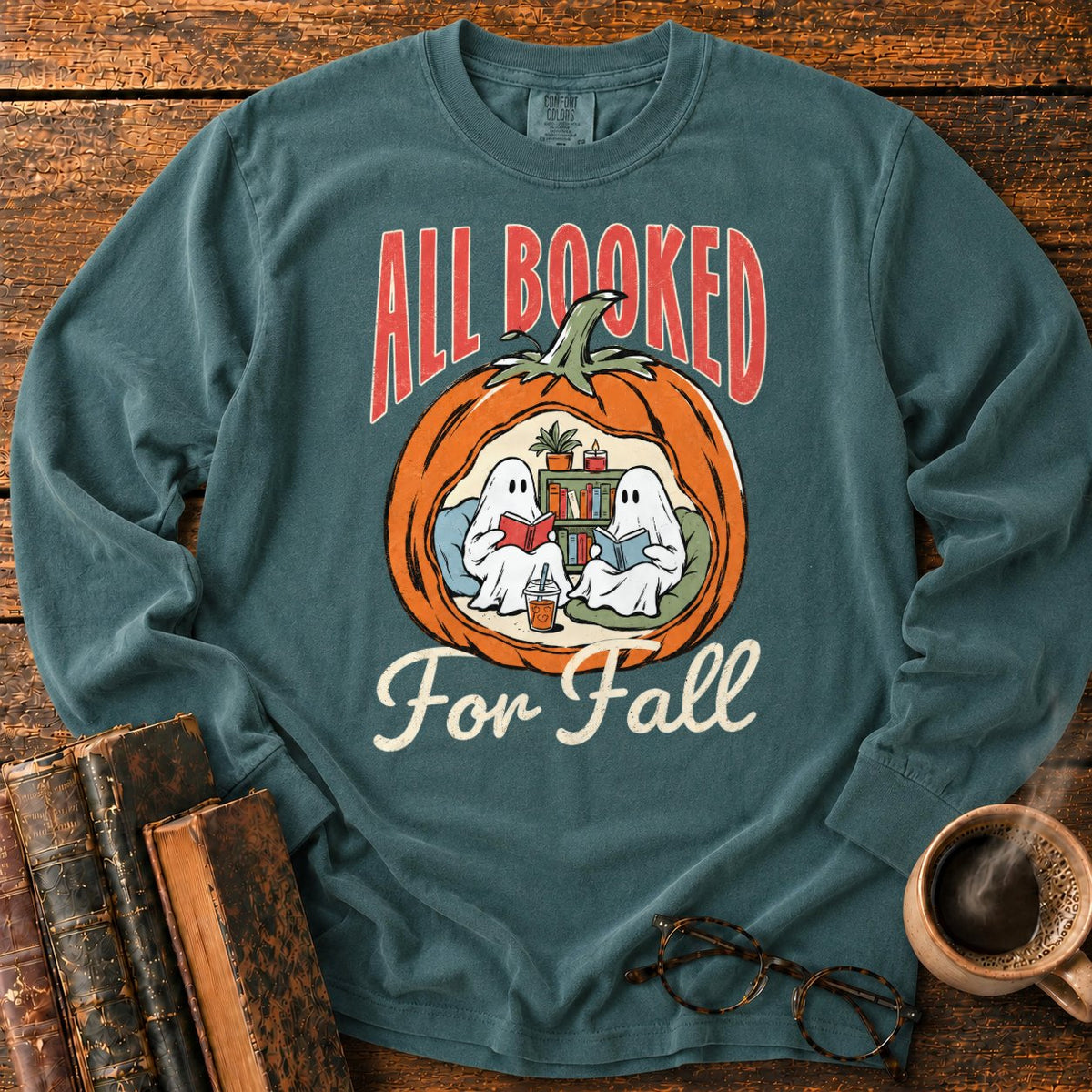 All Booked Pumpkin Reading Nook LS T-Shirt in Blue Spruce – BooksThreads