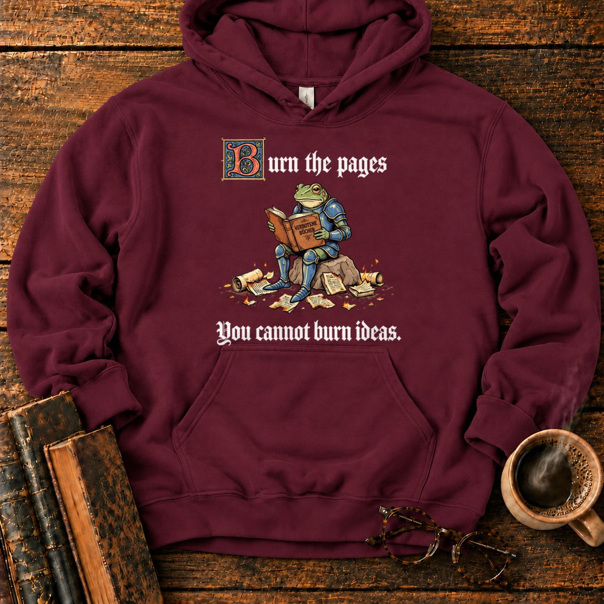 Armored Frog Reading An Ornate Book Hoodie in Maroon – BooksThreads