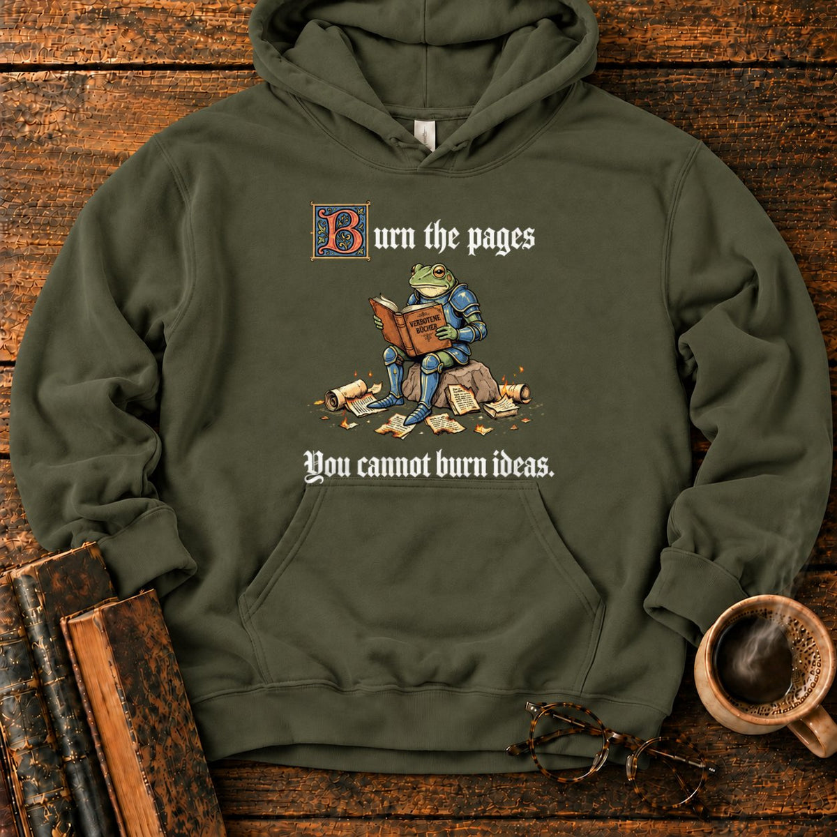 Armored Frog Reading An Ornate Book Hoodie in Military Green – BooksThreads