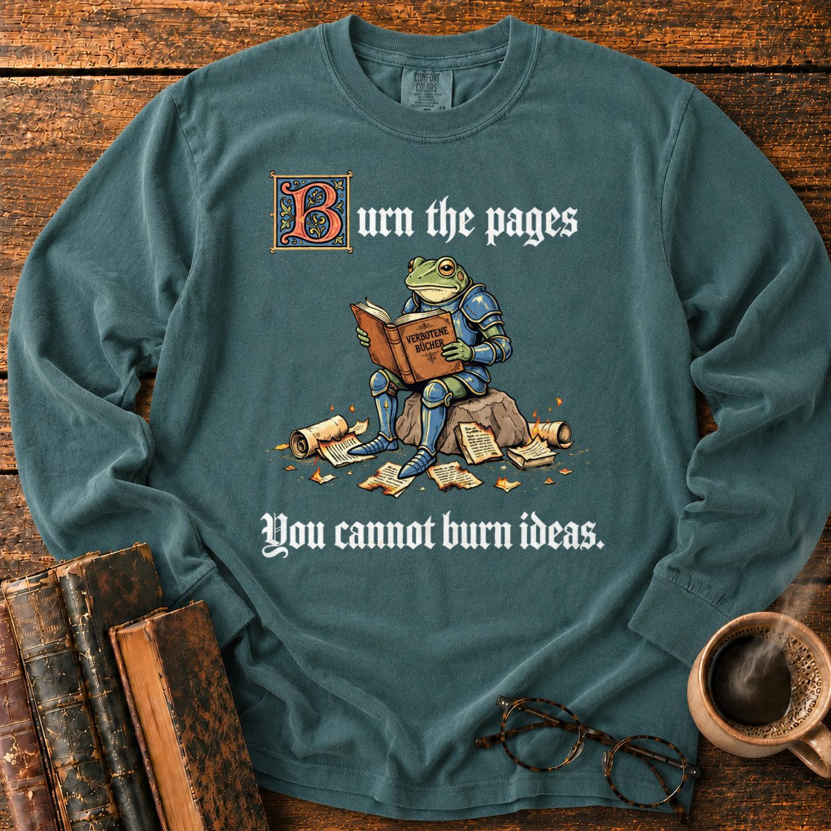 Armored Frog Reading An Ornate Book LS T-Shirt in Blue Spruce – BooksThreads