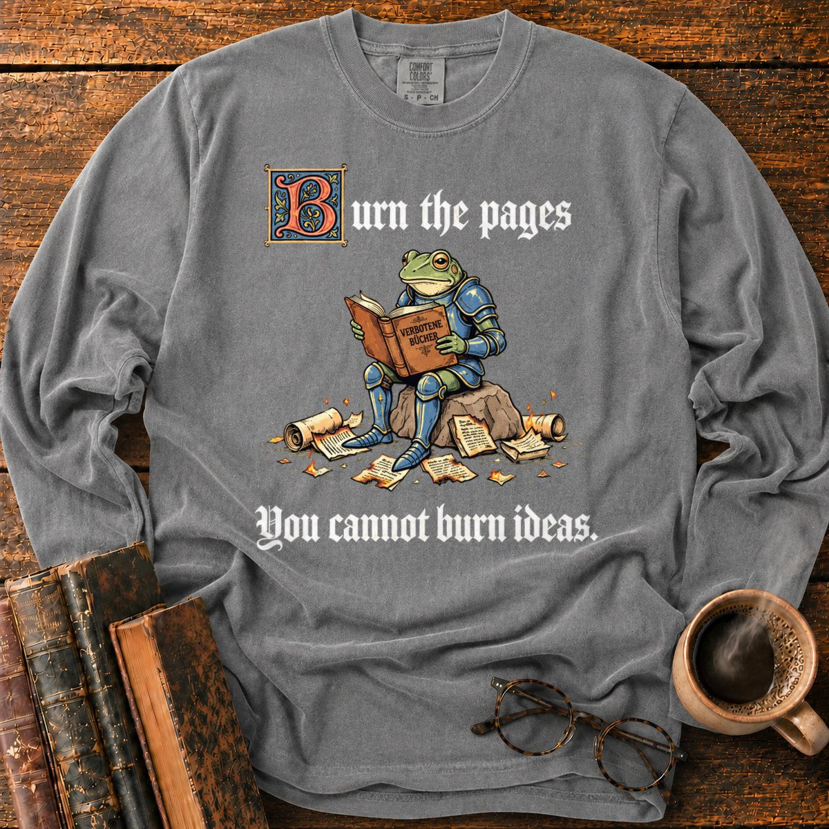 Armored Frog Reading An Ornate Book LS T-Shirt in Pepper – BooksThreads