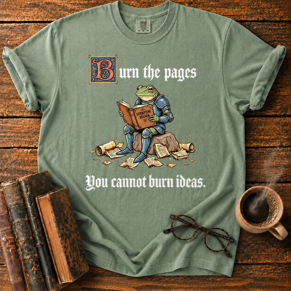 Armored Frog Reading An Ornate Book T-Shirt in Moss – BooksThreads